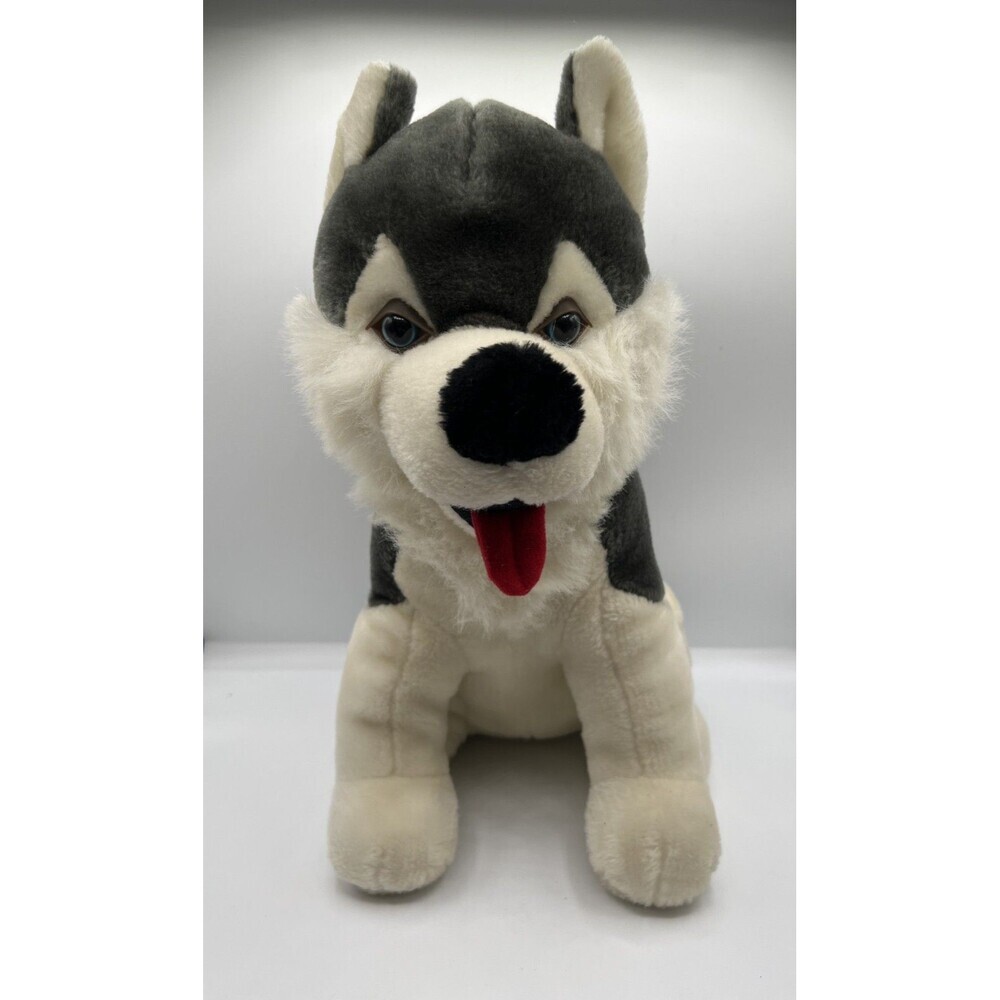 Vintage Husky Dog Plush Stuffed Animal Gray White Wolf Toy 12" Cute
